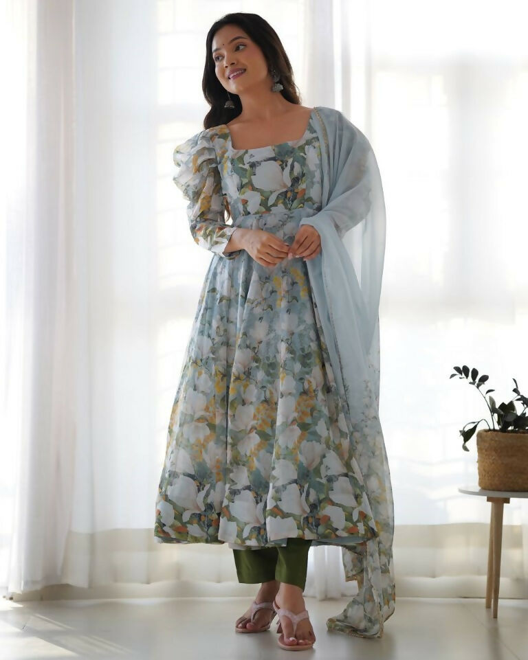 Teeya Creation Multi Color Pure Soft Organza Silk Digital print Party Wear Gown | Grocsy
