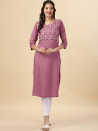 HERE&NOW Mauve & Biege Ethnic Motifs Embroidered Yoke Design Mirror Work Kurta | Grocsy
