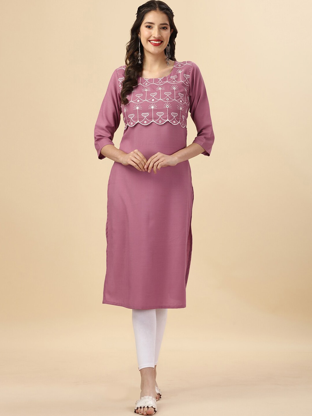 HERE&NOW Mauve & Biege Ethnic Motifs Embroidered Yoke Design Mirror Work Kurta | Grocsy