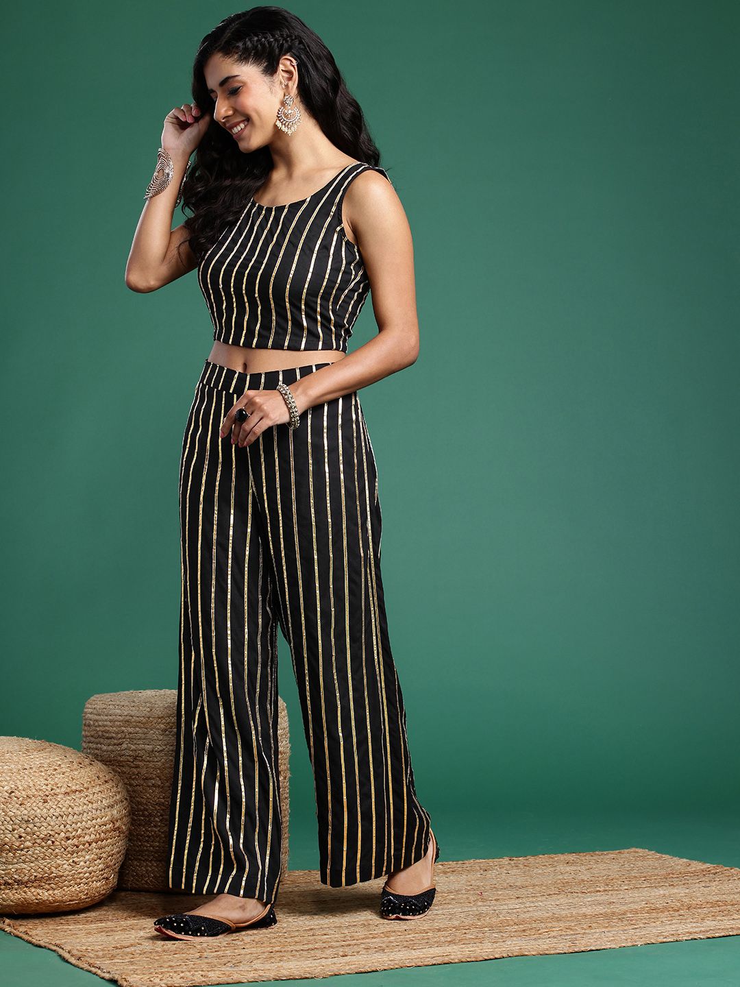 Sangria Lace Detailed Regular Pure Cotton Gotta Patti Top with Palazzos & Semi Sheer Kurta | Grocsy