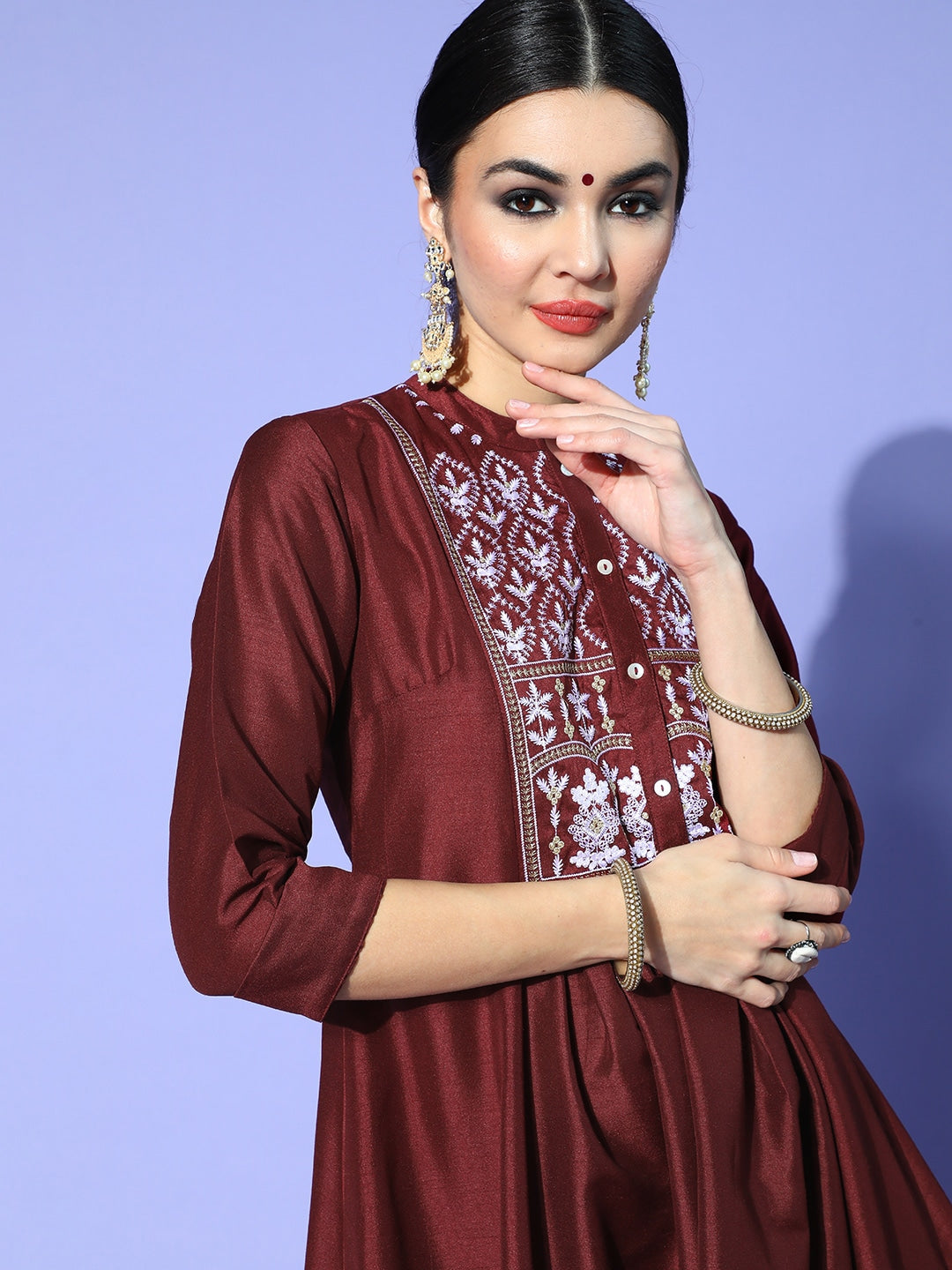 Sangria Women Maroon Ethnic Motifs Embroidered Yoke Design A-Line Kurta with Trousers | Grocsy