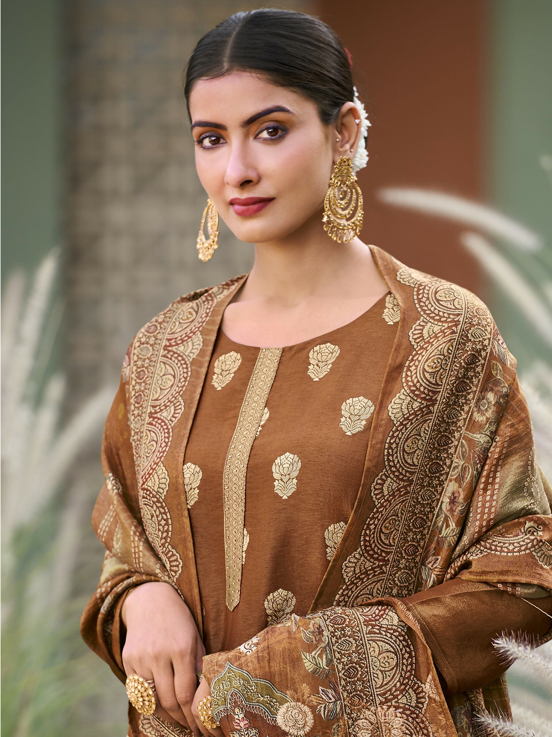 Jyoti Fashion Women's Brown Pure Silk Elegant Jacquard Woven Kurta with Trouser & Dupatta | Grocsy