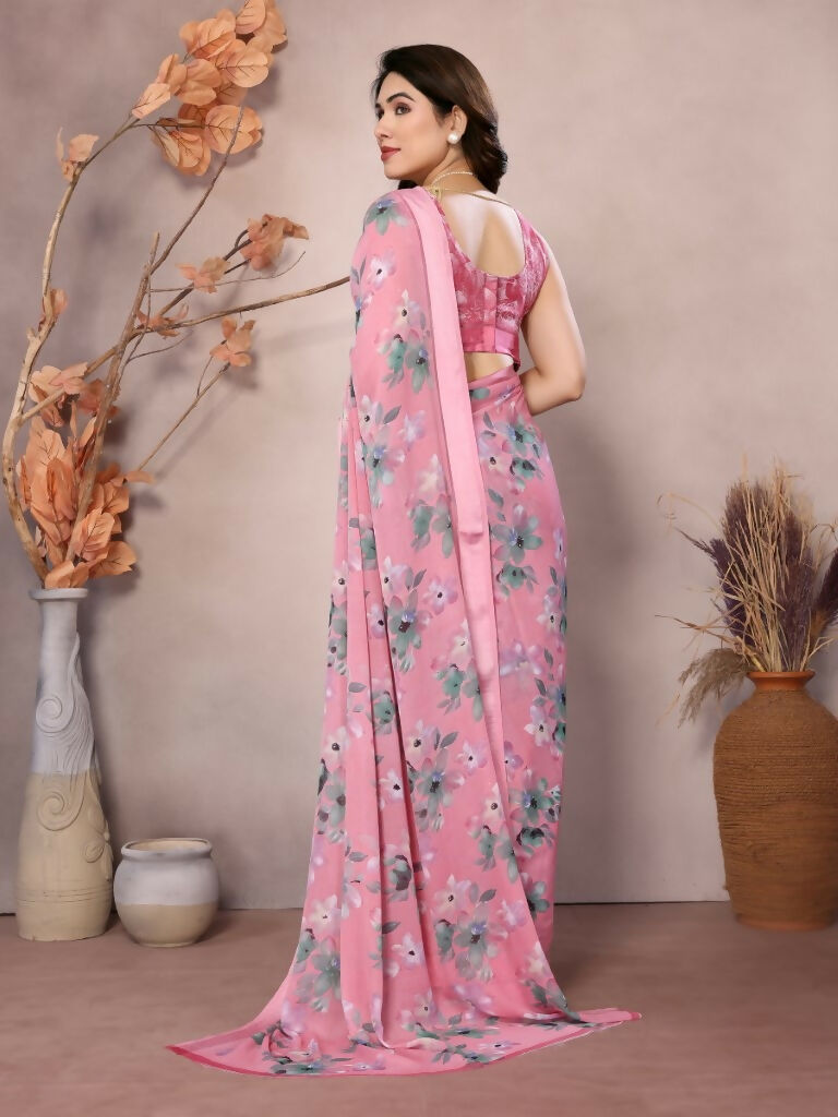 Designer Partywear Pink Bright Moss Satin Patta Fancy Saree - Kanak | Grocsy