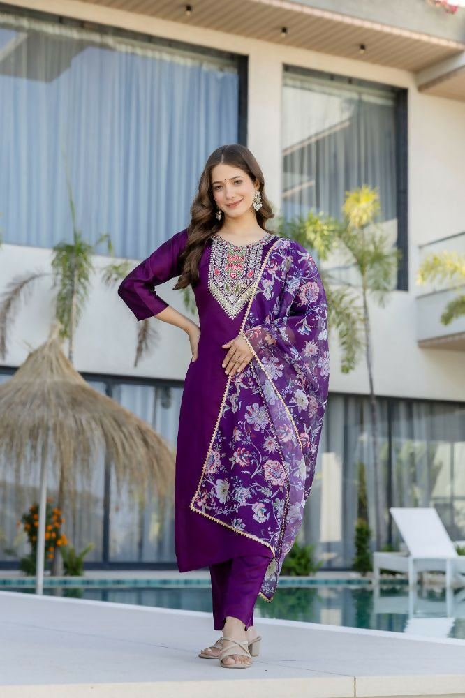 The52 Women's Gorgeous Embroidery Work Chanderi Cotton Fabric Straight Kurta Pant and Dupatta Set | Grocsy