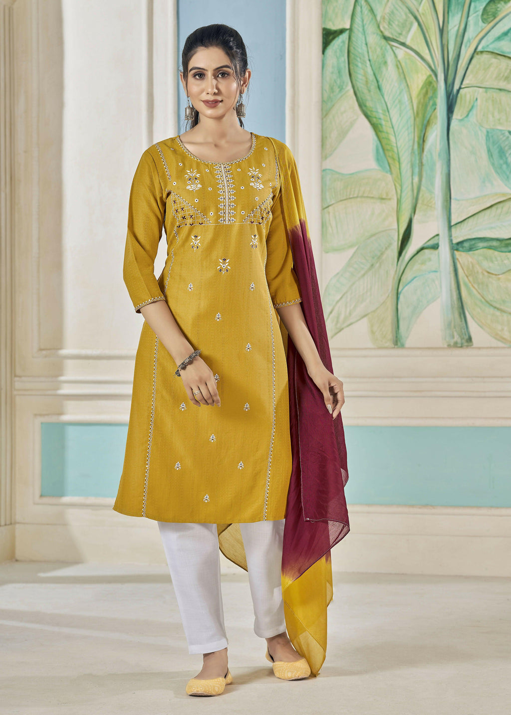 Jyoti Fashion Women's Mustard Pure Viscose Weaving Stripe with Embroidery Kurta Set | Grocsy