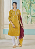 Jyoti Fashion Women's Mustard Pure Viscose Weaving Stripe with Embroidery Kurta Set | Grocsy