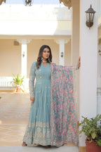 Joban Fashion Sky Blue Georgette Sequence Embroidery Work Kurta Set | Grocsy