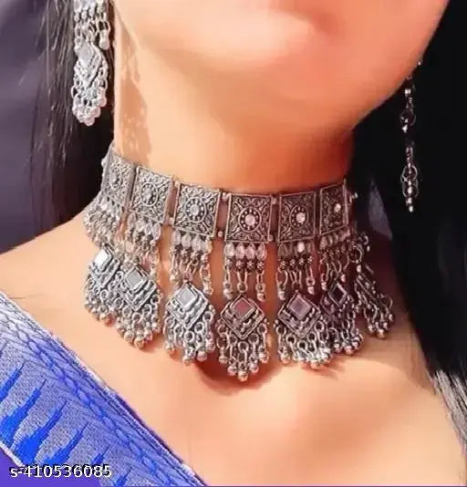Tehzeeb Creations Women's Silver Colour Oxidised Necklace And Earrings Set | Grocsy