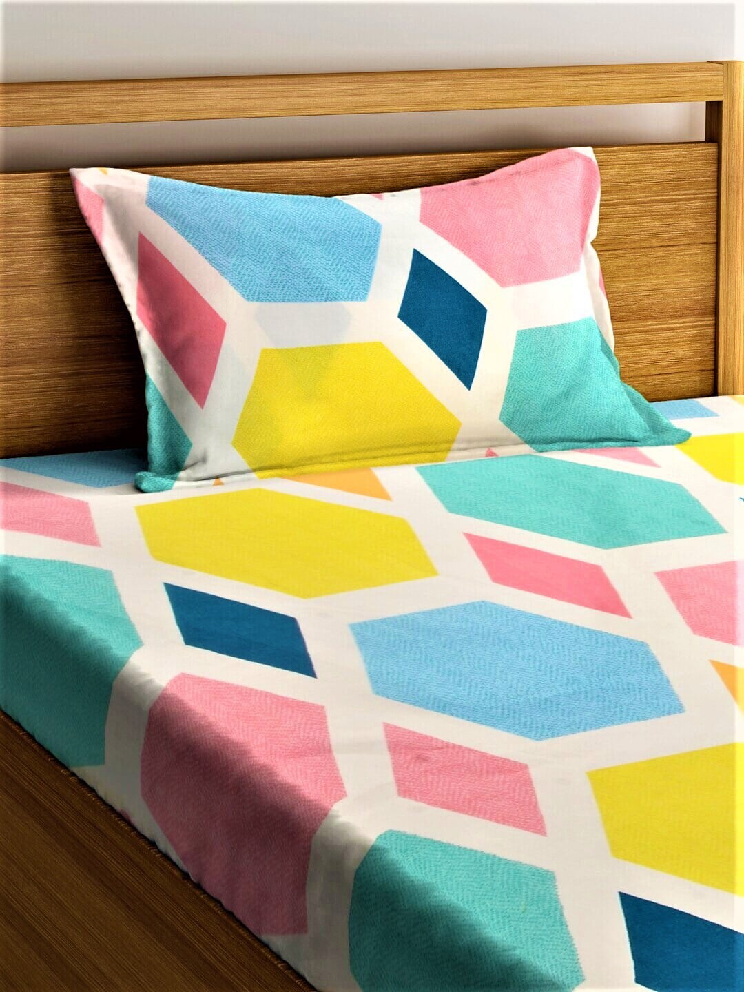 Home Sizzler Blue & Yellow Geometric 210 TC Single Bedsheet with 1 Pillow Covers | Grocsy