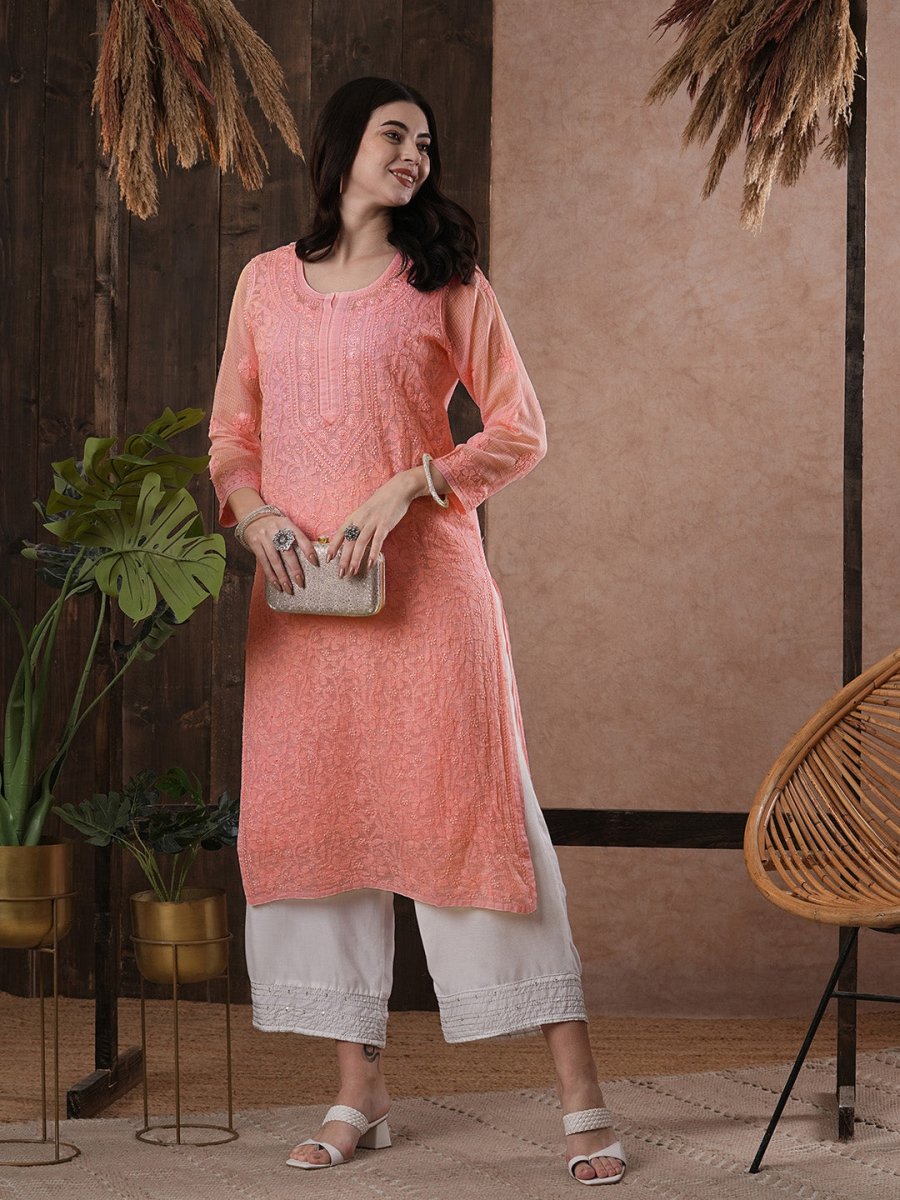 ADA Women Peach-Coloured Chikankari Hand Embroidered Straight Kota Handloom Kurta With Matching Slip | Grocsy
