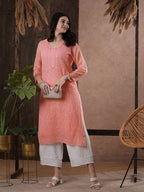 ADA Women Peach-Coloured Chikankari Hand Embroidered Straight Kota Handloom Kurta With Matching Slip | Grocsy