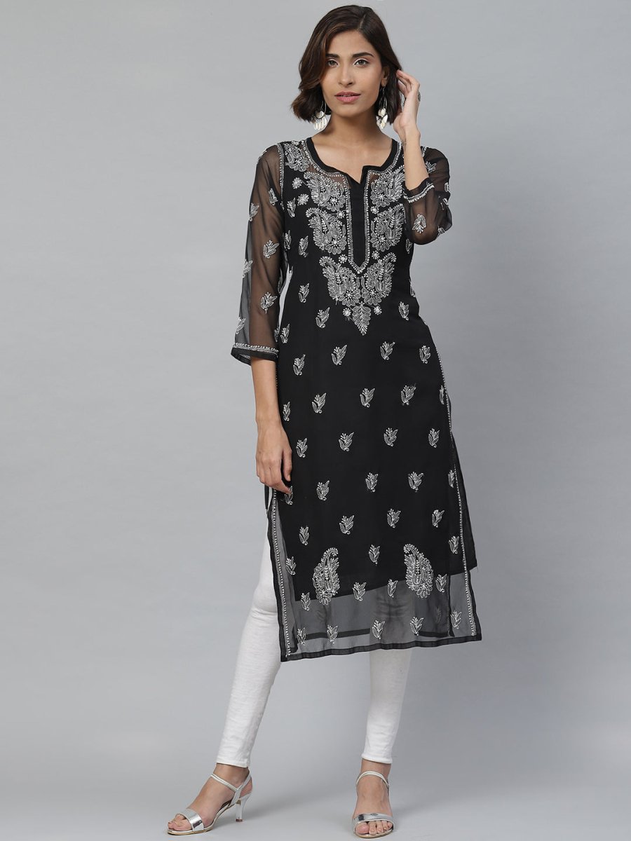 ADA Women Black & White Paisley Chikankari Embroidered Straight Handloom Kurta | Grocsy