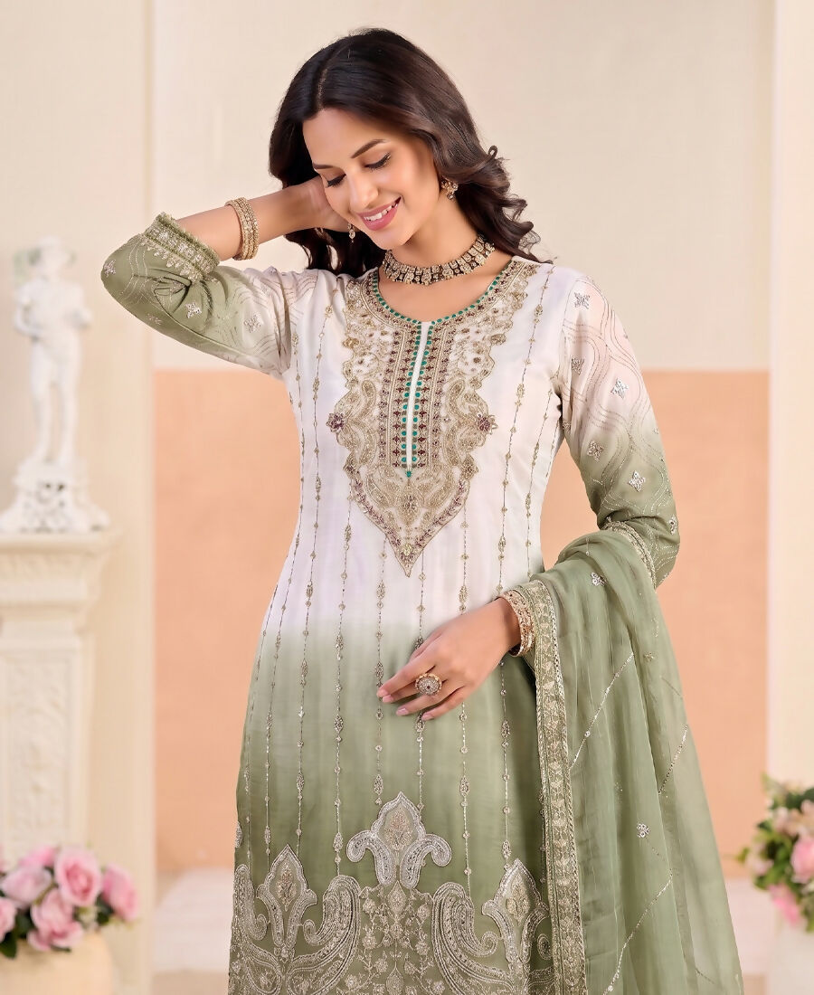 KC Designer Green Ombre Straight Suit For Women With Hand Embroidery | Grocsy