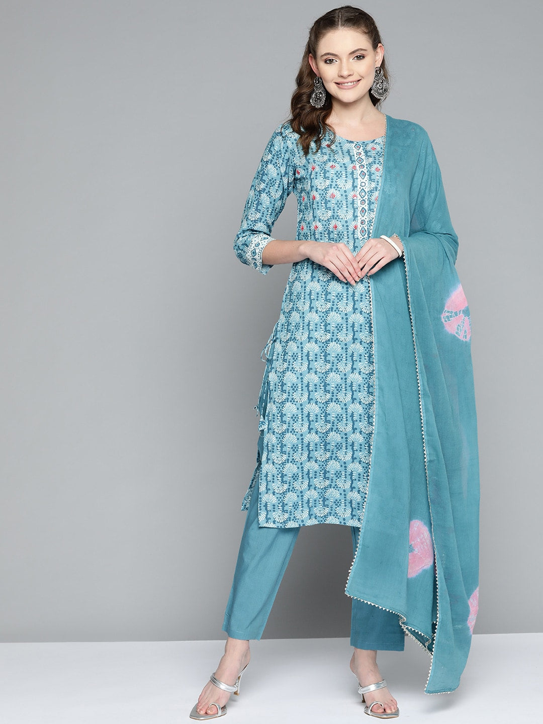 HERE&NOW Women Blue Floral Printed Thread Work Pure Cotton Kurta with Trousers & With Dupatta | Grocsy