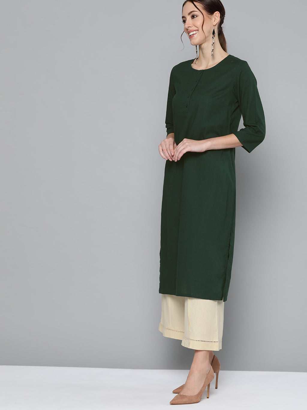 HERE&NOW Women Green Pure Cotton Solid Kurta | Grocsy