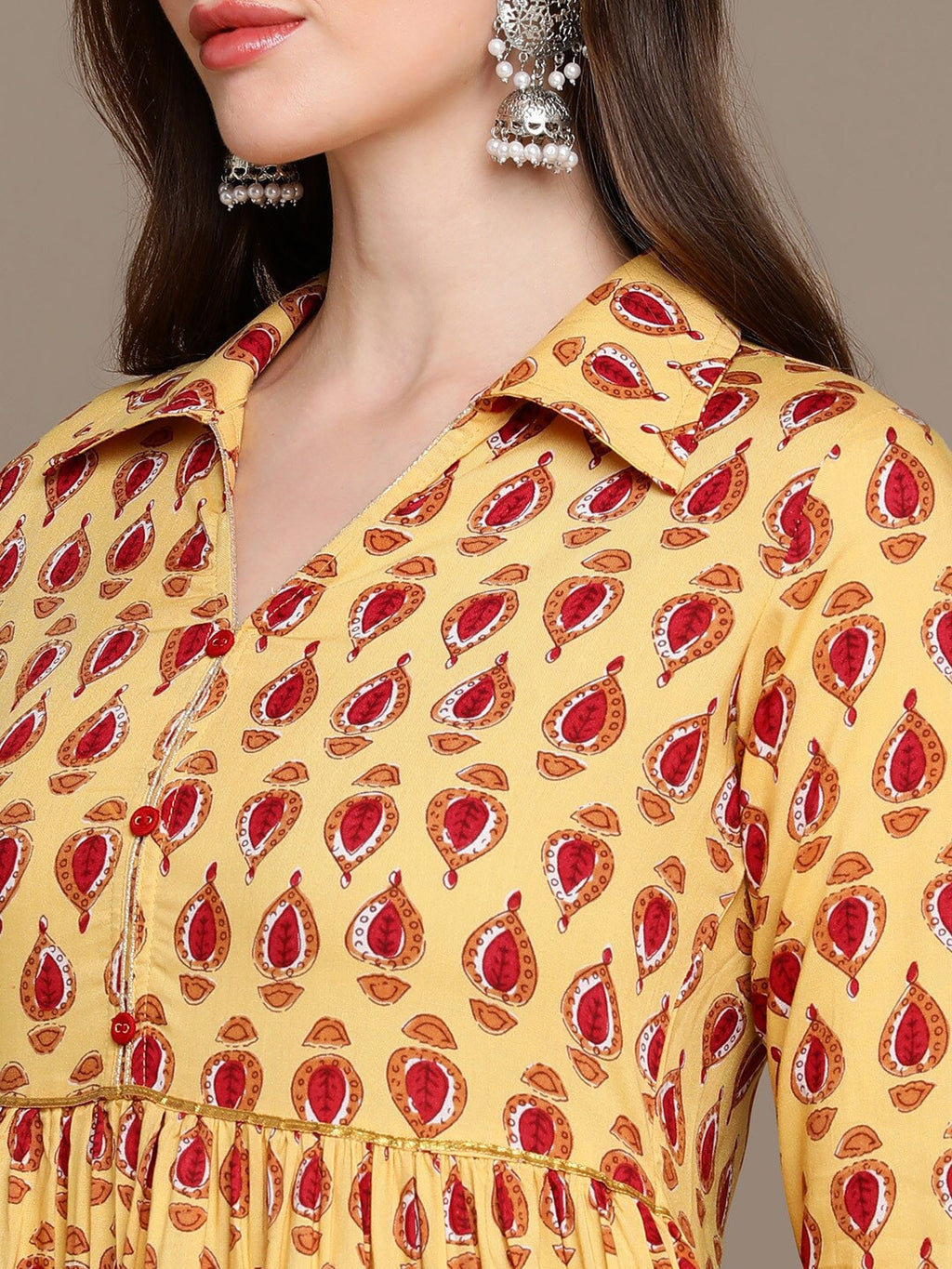 HERE&NOW Ethnic Motifs Printed Shirt Collar Pure Cotton Anarkali Kurta | Grocsy