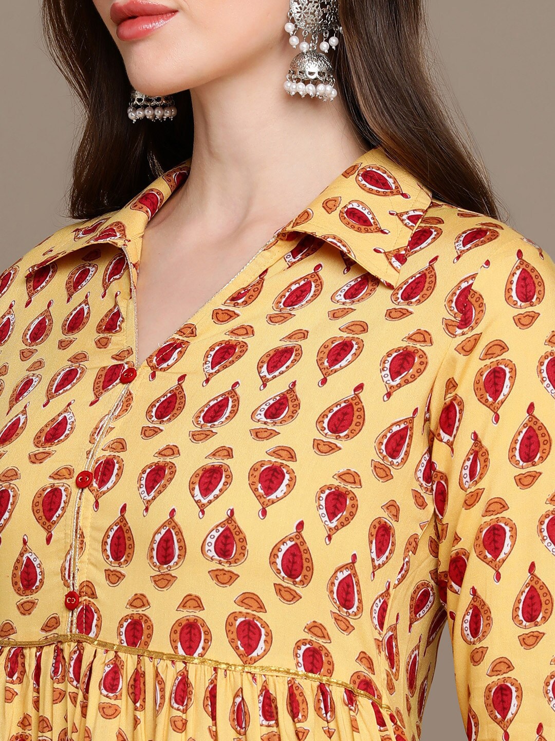 HERE&NOW Ethnic Motifs Printed Shirt Collar Pure Cotton Anarkali Kurta | Grocsy