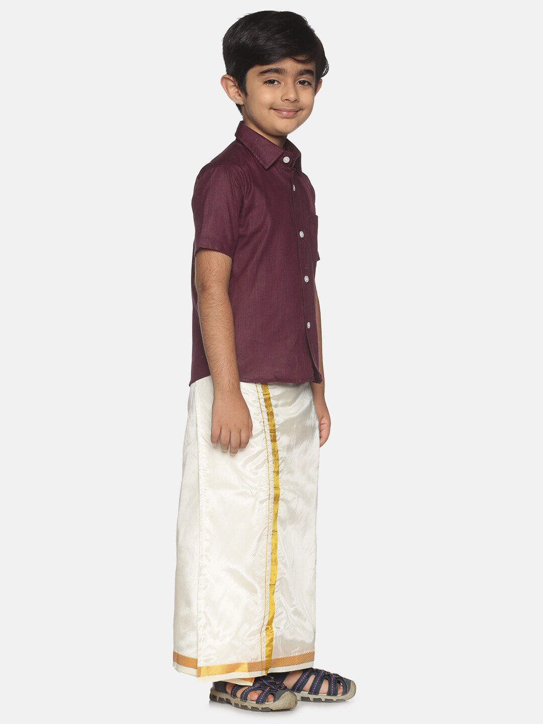 Sethukrishna Boys Maroon & White Pure Cotton Shirt with Dhoti | Grocsy