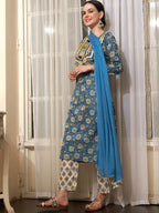 Sangria Blue Ethnic Motifs Printed Cotton Kurta with Trousers & Dupatta | Grocsy