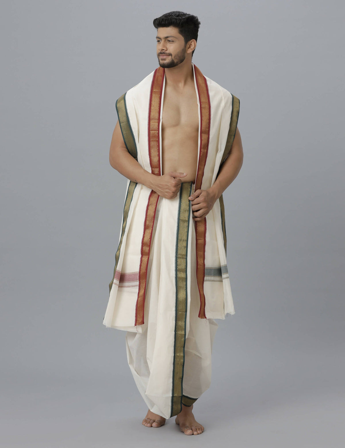 Indian Clothing Ramraj Cotton Mens Pure Cotton 5 Khan Jari 9 + 5 Kora Panchakacham Dhoti With Angavastram Set | Grocsy