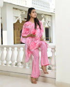 Vaasva Women's Pink Georgette Marble Print Kaftan Pant Set | Grocsy