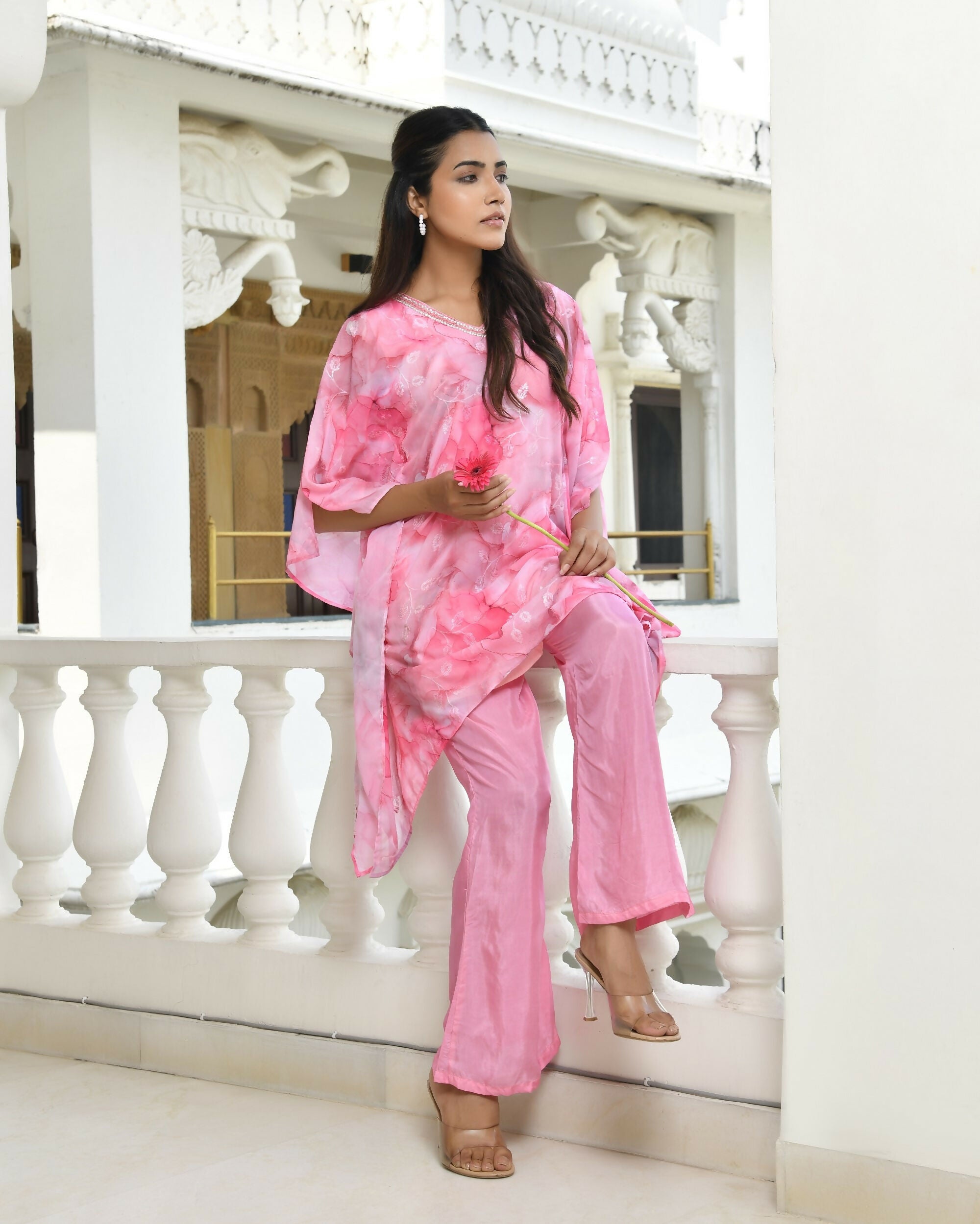 Vaasva Women's Pink Georgette Marble Print Kaftan Pant Set | Grocsy
