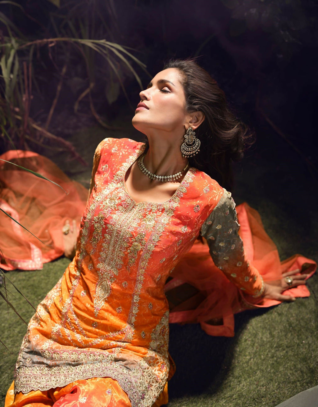 Anaita Orange Chinon Stitched Suit with Embroidery & Sequence Work | Grocsy