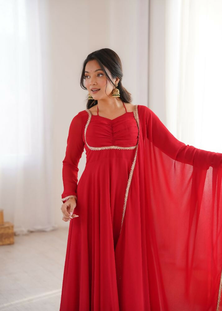 The52 Women's Gorgeous Solid Fox Blooming Georgette Fabric Flared Anarkali and Dupatta Set | Grocsy
