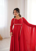 The52 Women's Gorgeous Solid Fox Blooming Georgette Fabric Flared Anarkali and Dupatta Set | Grocsy