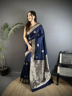 Joban Fashion Navy Blue Floral Jacquard Woven Design Cotton Silk Banarasi Silk Saree | Grocsy