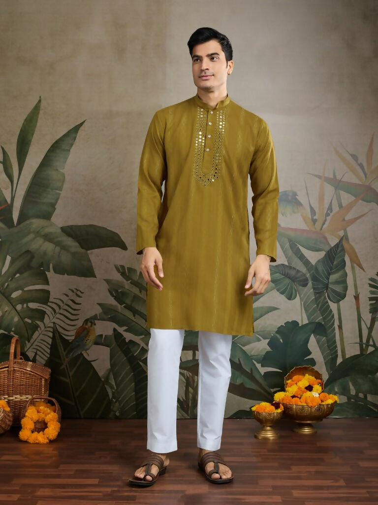 Vastranavya Rust Yellow Exclusive Viscose Rayon Festival Wear Real Mirror Work Kurta with Dupatta | Grocsy
