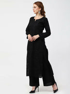 Cheera Women Stylish Hand Chikenkari Cotton Kurta With Palazzo - Black | Grocsy