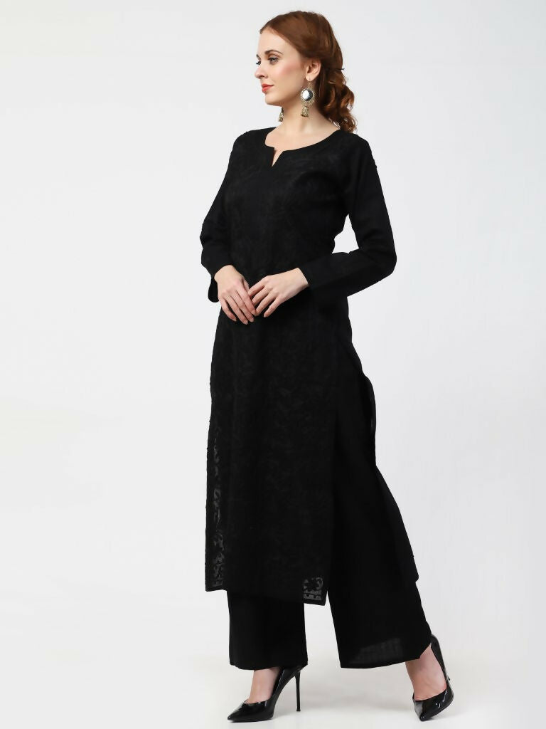 Cheera Women Stylish Hand Chikenkari Cotton Kurta With Palazzo - Black | Grocsy