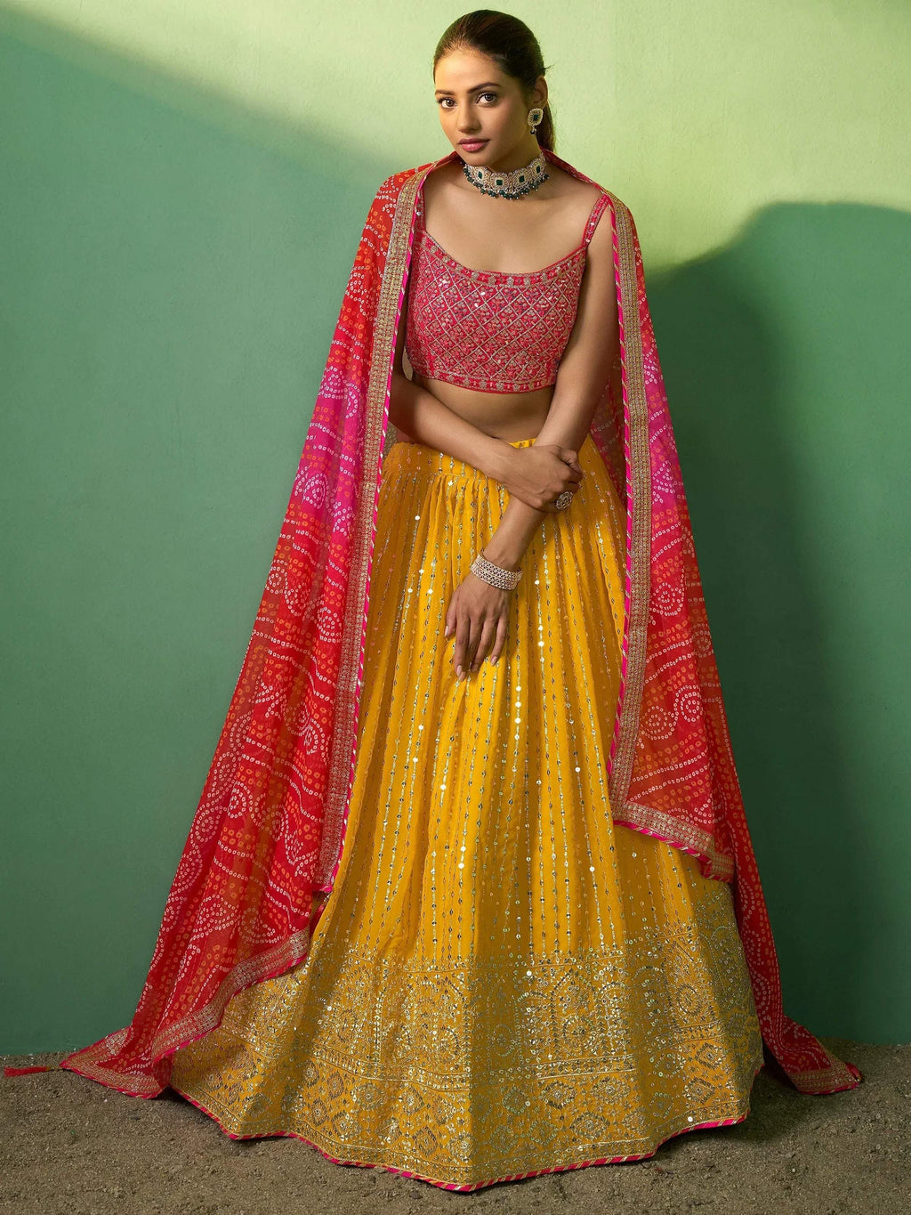 Tulsi Art Alluring Yellow Sequins Georgette Haldi Wear Lehenga Choli With Dupatta | Grocsy