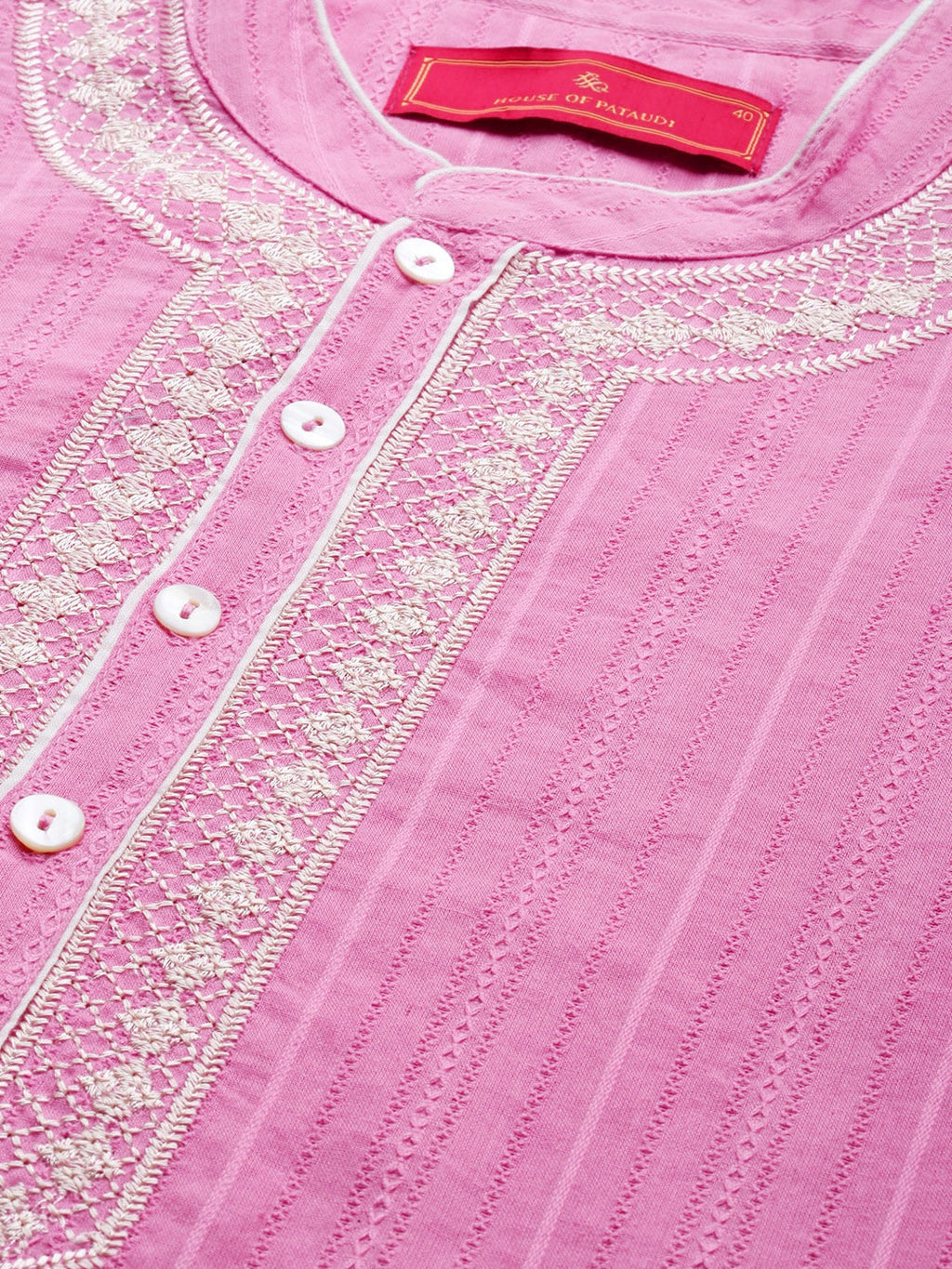 House of Pataudi Men Pure Cotton Self Striped Embroidered Thread Work Jashn Kurta | Grocsy