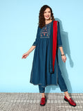 Sangria Ethnic Motifs Yoke Design Pleated Sequinned Kurta with Trousers & Dupatta | Grocsy