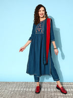 Sangria Ethnic Motifs Yoke Design Pleated Sequinned Kurta with Trousers & Dupatta | Grocsy