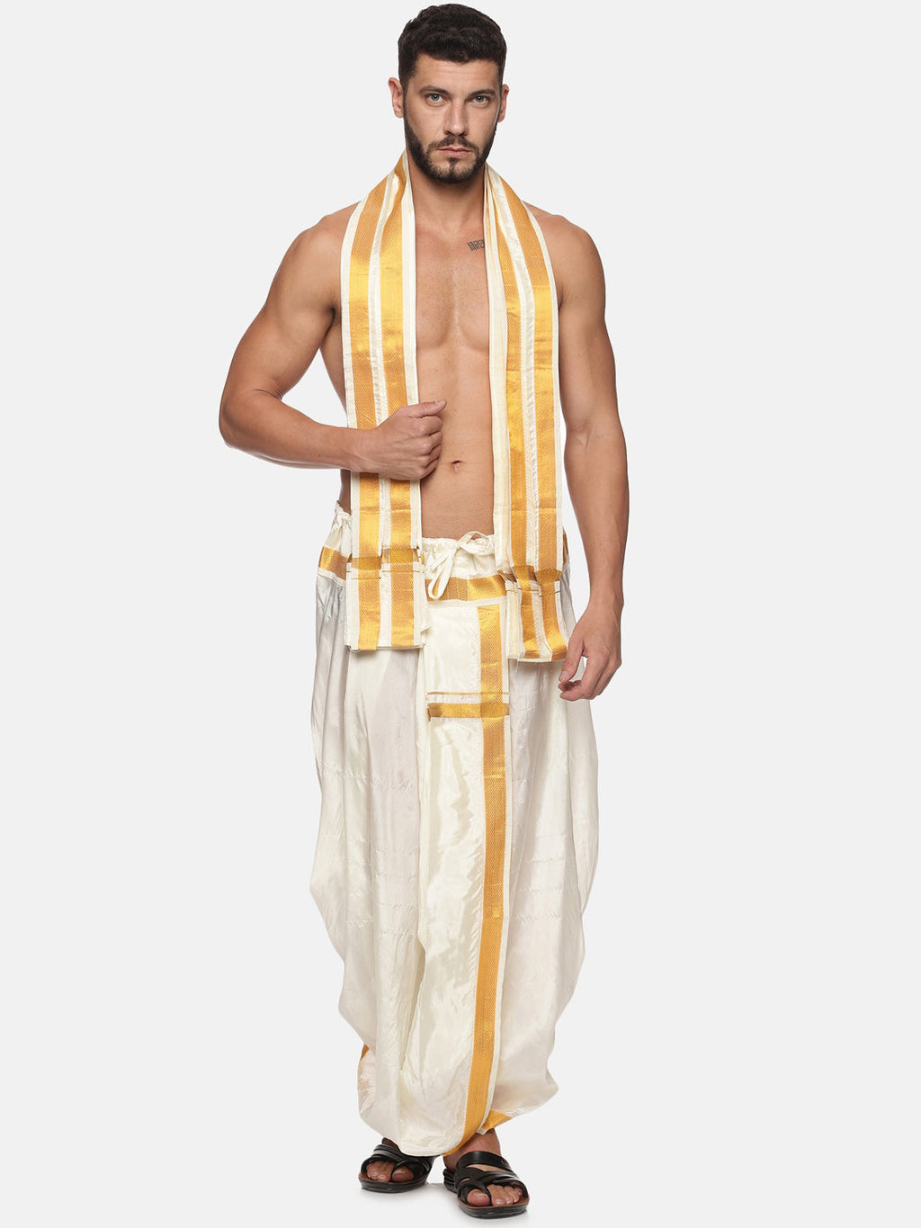 Sethukrishna Men Cream and Gold-Toned Solid Dhoti With Angavastram | Grocsy