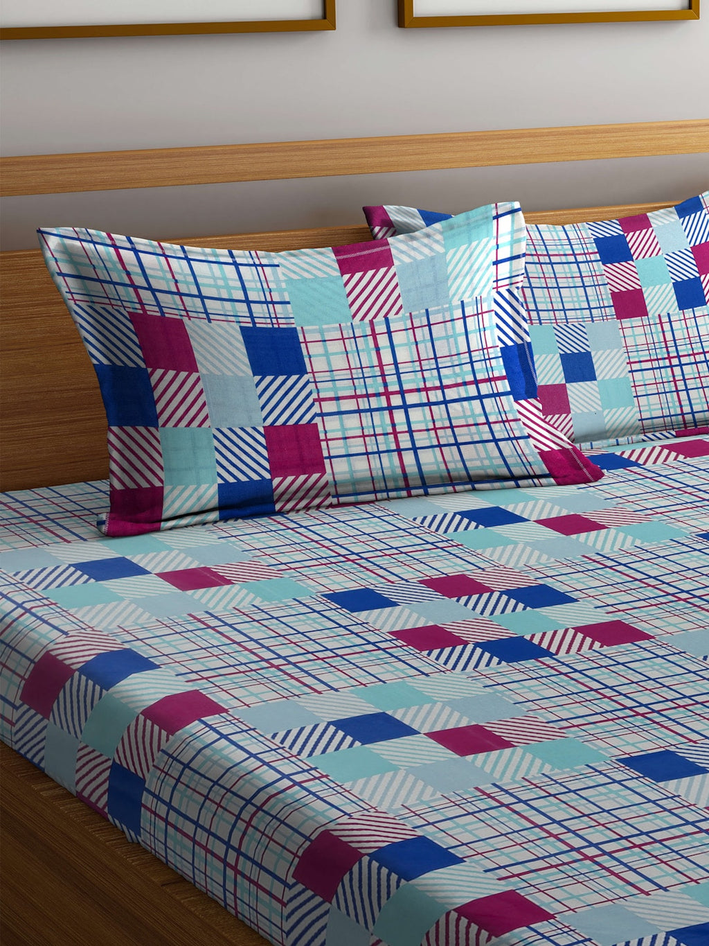 BOMBAY DYEING Marigold Blue Geometric Cotton 104 TC King Bedsheet With 2 Pillow Covers | Grocsy