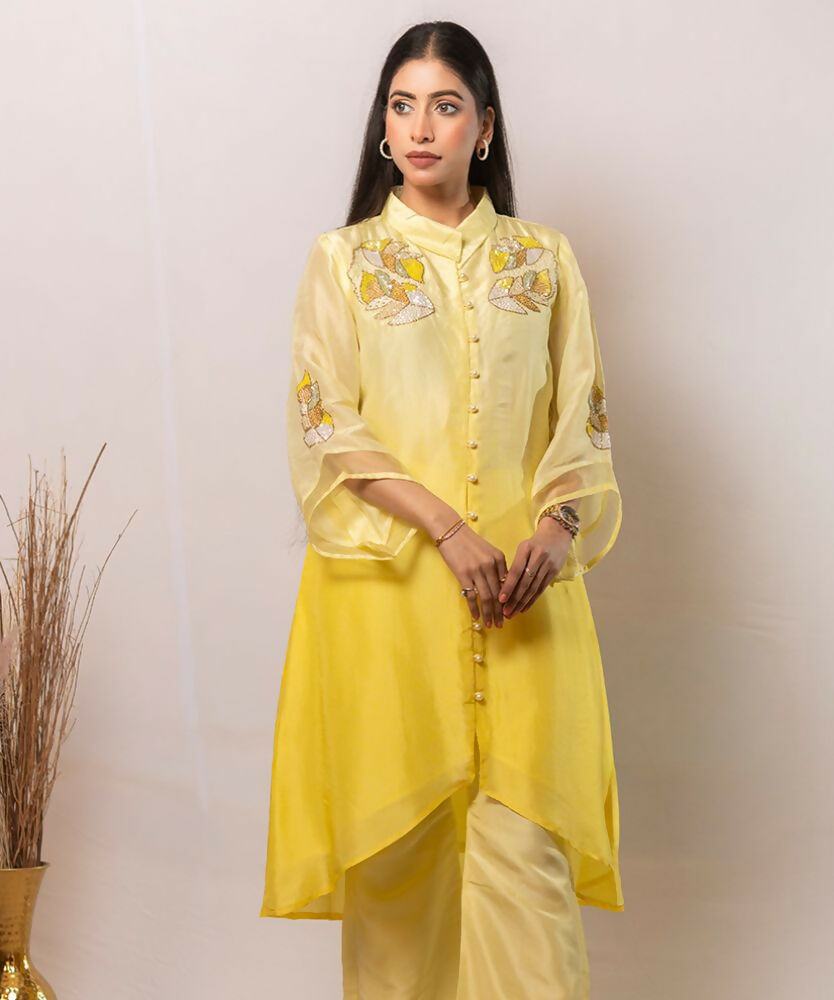 Timaraa Aurora Yellow Ombre Shaded Silk Co-Ord Set | Grocsy