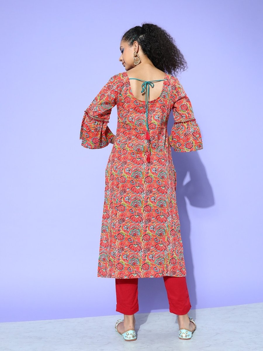 All About You Women Orange & Green Floral Printed Bell Sleeves Gotta Patti Kurta | Grocsy