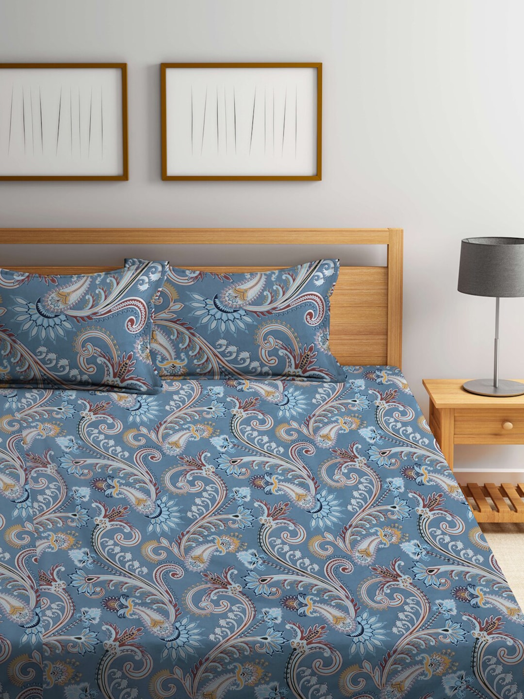 FABINALIV Grey & Brown Etnic Motifs 300 TC Fitted King Bedsheet With 2 Pillow Covers | Grocsy