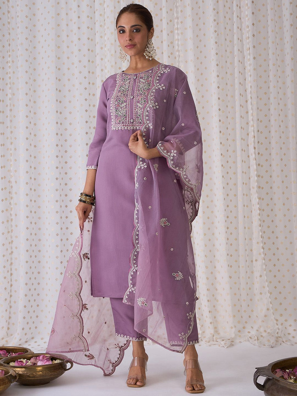 Indo Era Women Floral Yoke Design Regular Thread Work Kurta with Trousers & Dupatta | Grocsy