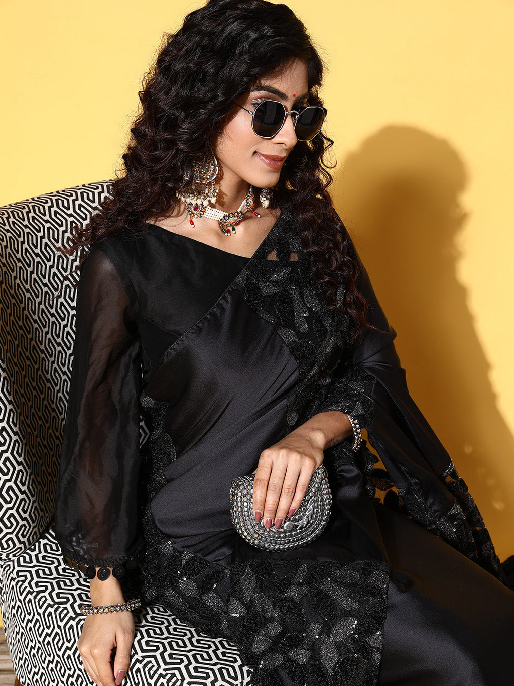 Tikhi Imli Black Floral Sequinned Satin Saree | Grocsy