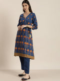 All About You Women Blue Floral Printed Angrakha Kurta with Trousers | Grocsy