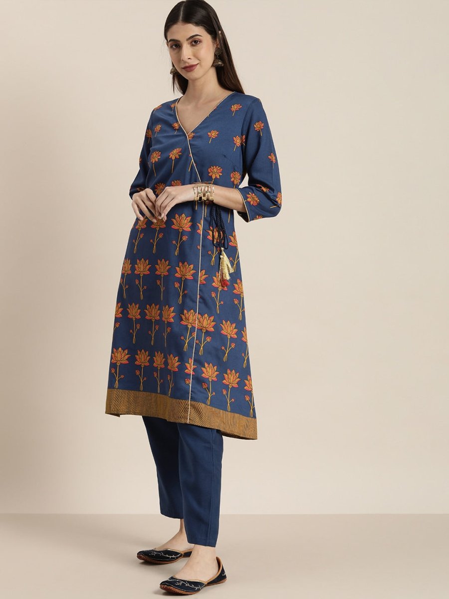 All About You Women Blue Floral Printed Angrakha Kurta with Trousers | Grocsy