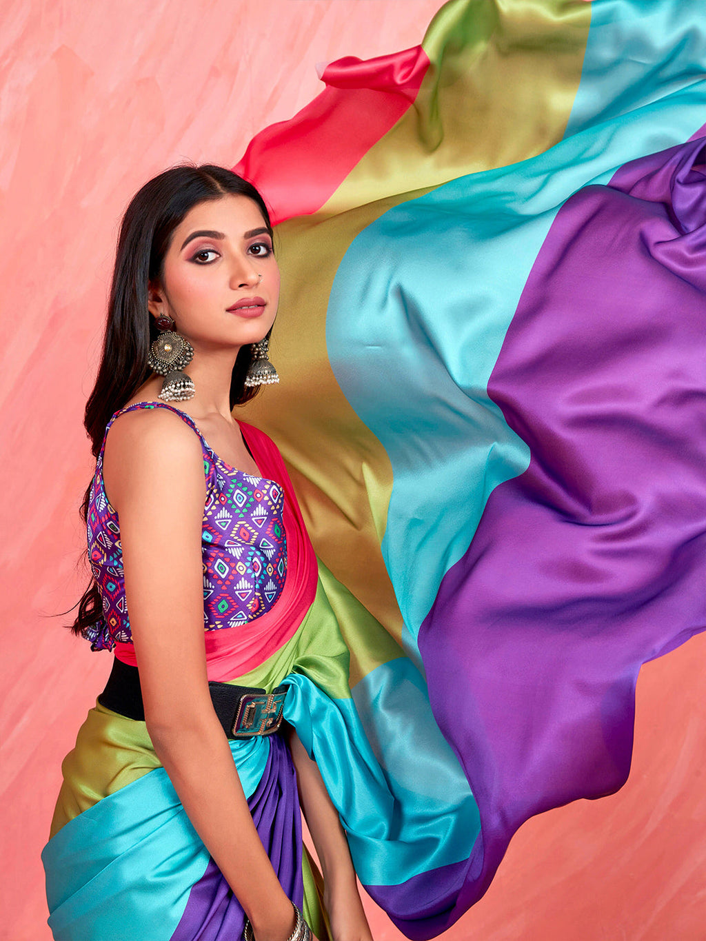 Sangria Colourblocked Satin Saree | Grocsy