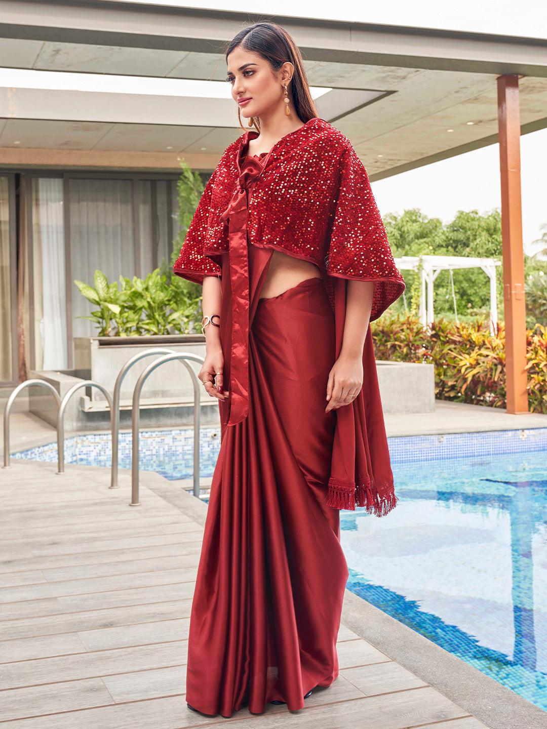 Tikhi Imli Party Satin Saree With Sequined Cape | Grocsy