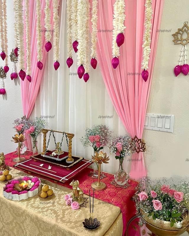 Divyakosh Lotus Wall Hangings - 5 Pcs Floral Temple & Stage Decor - Pink Lotus Buds, 4 Ft Each | Grocsy