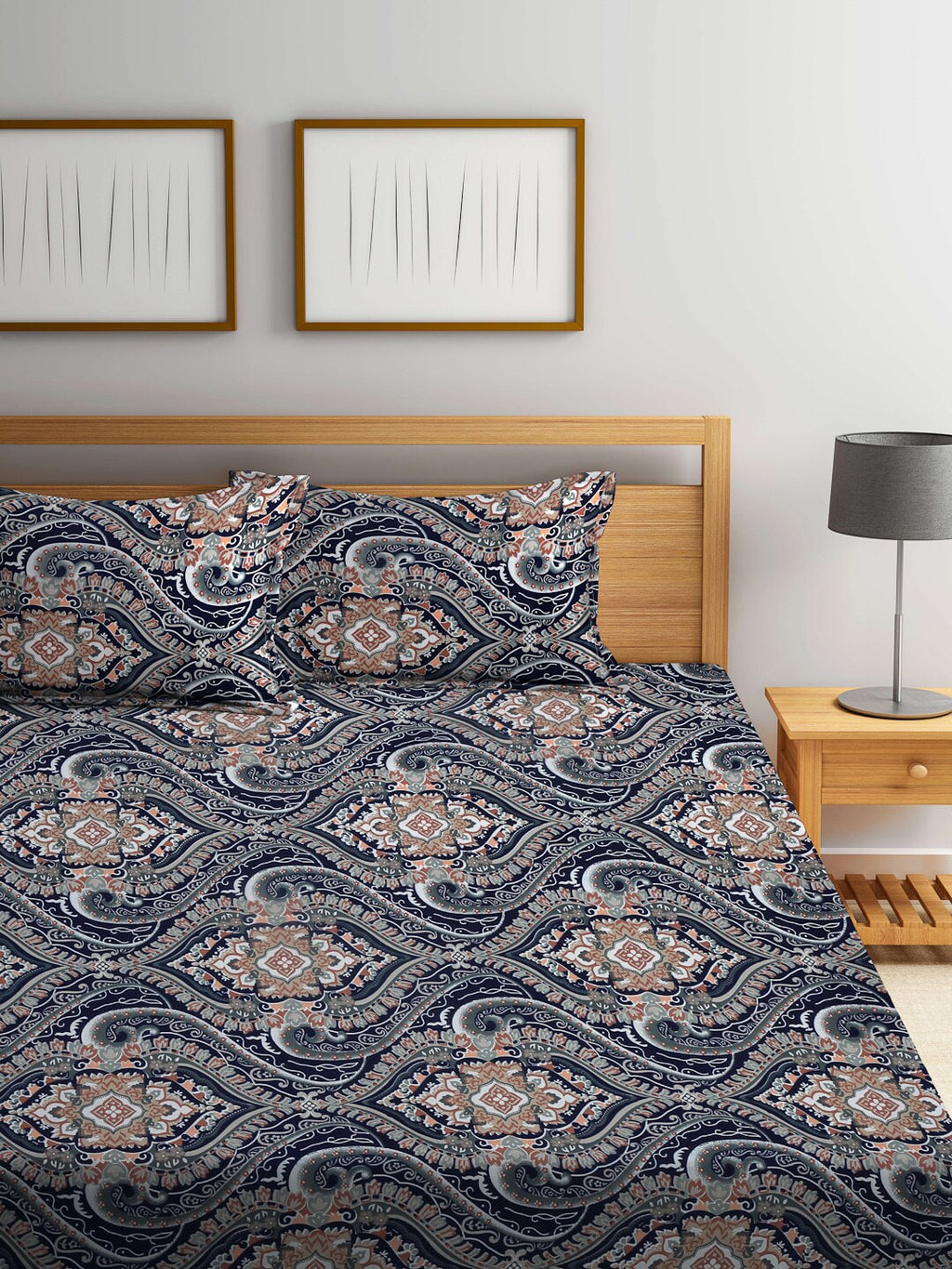 KLOTTHE Blue & Brown Ethnic Motif Printed 300 TC Fitted King Bedsheet With 2 Pillow Covers | Grocsy